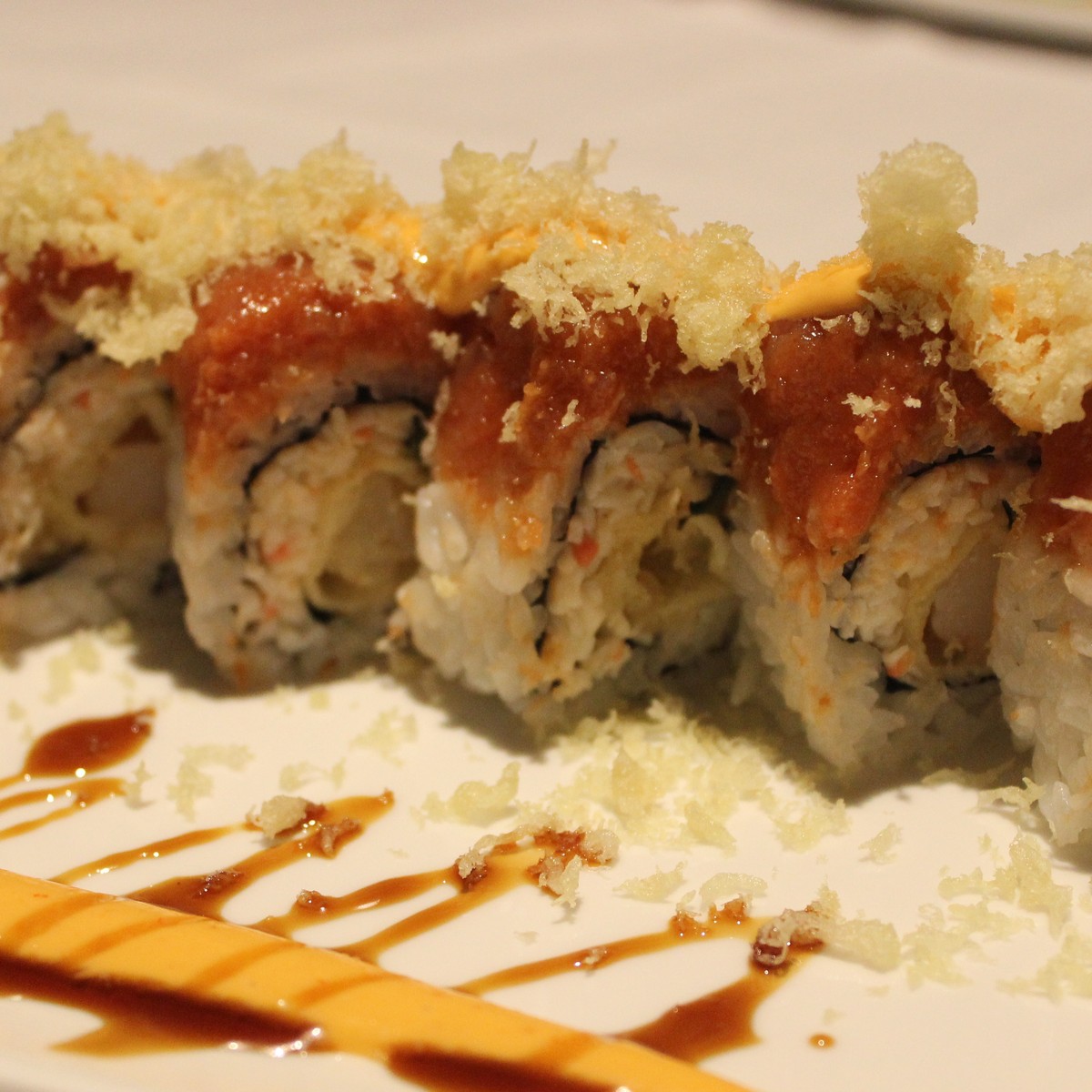 My lunch today! Treated myself to a Lover's roll (tuna, salmon, avocado on  a shrimp tempura and krab roll with eel sauce) and a Crunchy Dragon roll  (tuna and masago over a