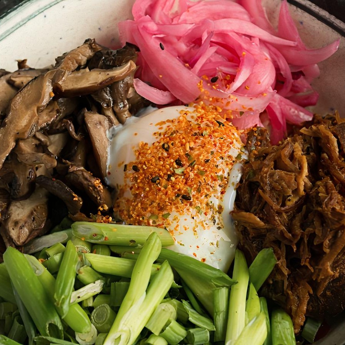 BIBIMBAP: moto-i twist on a korean style rice bowl. bbq pork