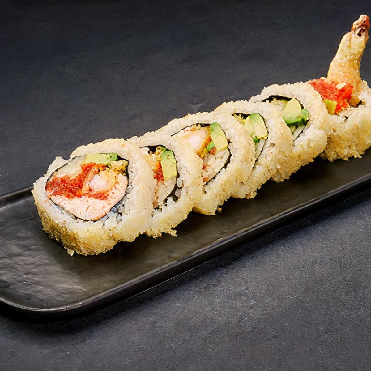 Bamboo Sushi on X: One of your favorites — The Green Machine. This roll  has tempura fried long beans and green onions with avocado & cilantro sweet  chile aioli on top! Get