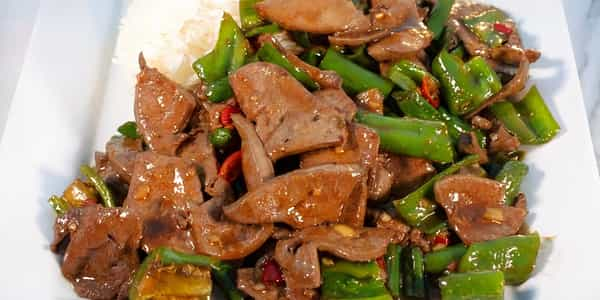 Stir Fried Pork Liver Slices with Green Pepper Bowl