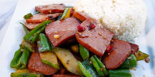 Stir Fried Sliced Cucumber with Spam Rice Bowl